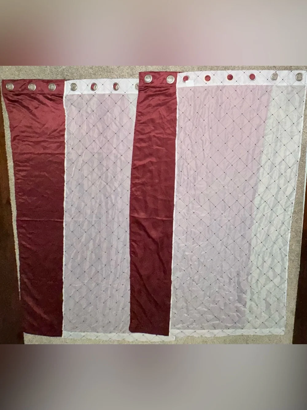 BH&G Maroon Embroidered Lattice Sheer & Twill Weave 4 Piece Curtain Set 84 inch!